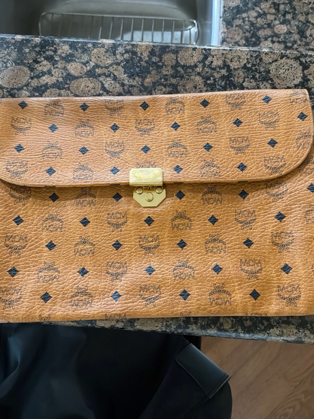 MCM Cognac Logo-Print Leather Clutch with Gold Hardware